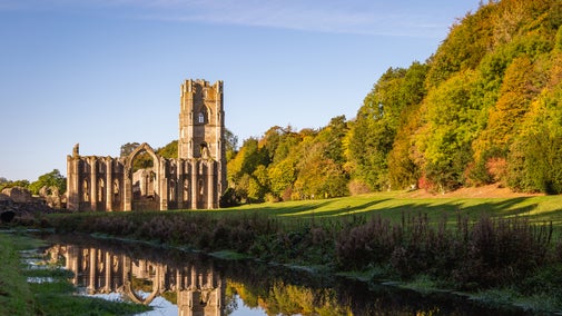 The view of Fountains Abbey from the east green reflecting on the river skell